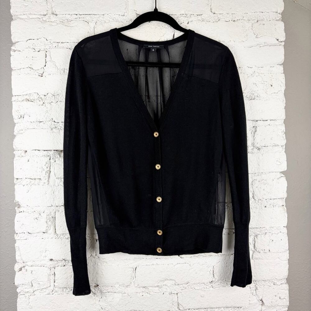 Pink Tartan Black Merino Wool Silk Gold Button Cardigan Sweater Small